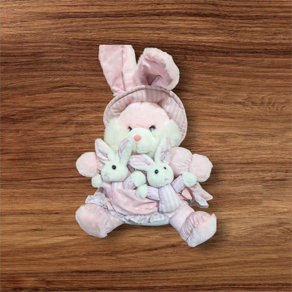 Dan Dee Pink Bunny Plush With Two Baby Bunnies‎ Polka Dot  Striped  14"Easter